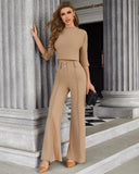 Mock Neck Crop Top & Pocket Design Buttoned Work Pants Set