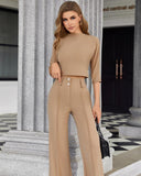 Mock Neck Crop Top & Pocket Design Buttoned Work Pants Set