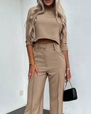 Mock Neck Crop Top & Pocket Design Buttoned Work Pants Set