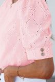 Pink Flower Geometric Textured Button Short Sleeve Top