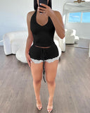 Halter Ruched Top & Lace Trim Drawstring Shorts Set