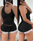 Halter Ruched Top & Lace Trim Drawstring Shorts Set