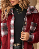 Plaid Print Pocket Design Long Sleeve Buttoned Teddy Coat Outfit