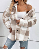 Plaid Pattern Turn down Collar Button Front Teddy Coat