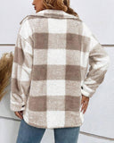 Plaid Pattern Turn down Collar Button Front Teddy Coat