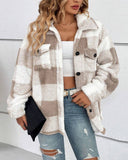 Plaid Pattern Turn down Collar Button Front Teddy Coat