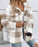 Plaid Pattern Turn down Collar Button Front Teddy Coat