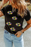 Black Sequined Mardi Gras Pattern Crew Neck Short Sleeve Top