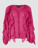 V Neck Shoulder Asymmetrical Ruffles Blouse Casual Button Front Long Sleeve Top