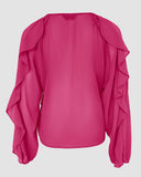 V Neck Shoulder Asymmetrical Ruffles Blouse Casual Button Front Long Sleeve Top