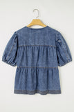 Sail Blue Plus Drawstring V Neck Puff Sleeve Denim Blouse