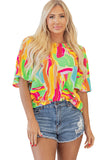 Multicolour Abstract Print Keyhole Back Pleated Half Sleeve Blouse