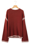 Red Dahlia Color Contrast Trim Drop Shoulder Crew Neck Sweater