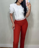 Contrast Lace Round Neck Puff Sleeve Blouse Casual Slim Fit Top