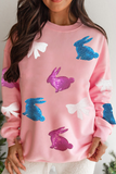 Pink Easter Bunny Bow Knot Sequined Crewneck Graphic Sweatshirt
