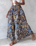 Boho Floral Print Shirred High Waist Wide Leg Pants