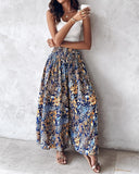 Boho Floral Print Shirred High Waist Wide Leg Pants