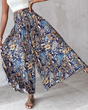 Boho Floral Print Shirred High Waist Wide Leg Pants