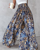 Boho Floral Print Shirred High Waist Wide Leg Pants