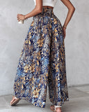 Boho Floral Print Shirred High Waist Wide Leg Pants