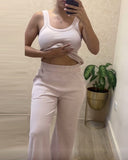 O neck Sleeveless Ribbed Top & Pocket Design Pants Set