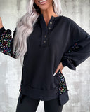 Round Neck Button Design Long Sleeve Sweatshirt Contrast Sequin Casual Pullover Top