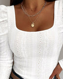 Jacquard Square Neck Puff Sleeve Hollow out T Shirt Long Sleeve Slim Fit Top