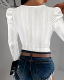 Jacquard Square Neck Puff Sleeve Hollow out T Shirt Long Sleeve Slim Fit Top