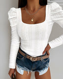 Jacquard Square Neck Puff Sleeve Hollow out T Shirt Long Sleeve Slim Fit Top
