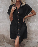 Turn down Collar Short Sleeve Dress Casual Button Dress with Pocket