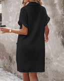 Turn down Collar Short Sleeve Dress Casual Button Dress with Pocket