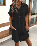 Turn down Collar Short Sleeve Dress Casual Button Dress with Pocket