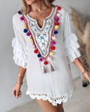 Tribal Embroidery Pom Pom Crochet Lace Casual Dress