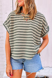 Green Stripe Textured Side Slits Crew Neck T Shirt