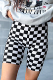 Black Checkerboard Printed High Waist Biker Shorts