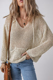 Jet Stream Hollow-out Kangaroo Pocket V Neck Hooded Sweater
