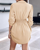 Button Down Shirt Dress Roll Tab Sleeve Side Drawstring Mini Dresses