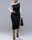 Colorblock One Shoulder Gigot Sleeve Pencil Dress Cinched Waist Bodycon Dress