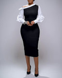 Colorblock One Shoulder Gigot Sleeve Pencil Dress Cinched Waist Bodycon Dress