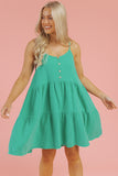 Sea Green Textured Buttoned Thin Strap Tiered Loose Fit Mini Dress