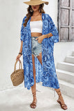 Blue Floral Print Side Slit Open Front Long Kimono