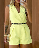 Notched Collar Sleeveless Ruched Romper Casual Slim Fit Short Jumpsuit