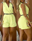 Notched Collar Sleeveless Ruched Romper Casual Slim Fit Short Jumpsuit