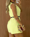 Notched Collar Sleeveless Ruched Romper Casual Slim Fit Short Jumpsuit