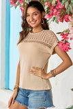 Oatmeal Lace Patchwork Waffle Short Sleeve Top