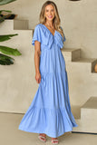 Sky Blue Textured V Neck Flutter Sleeve Ruffled Maxi Dress