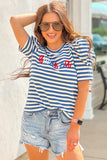 Blue Stripe America Cursive Graphic Puff Sleeve T-shirt