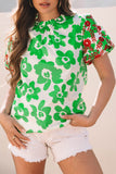 Green Contrast Embroidered Puff Short Sleeve Floral Blouse