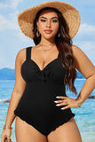 Black Plus Size Textured Knotted Ruffled Trim One Piece Swimwear