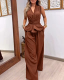 2 Pieces Outfit Sleeveless Criss Cross Tied Detail Top and Casual Wide Leg Pants Set